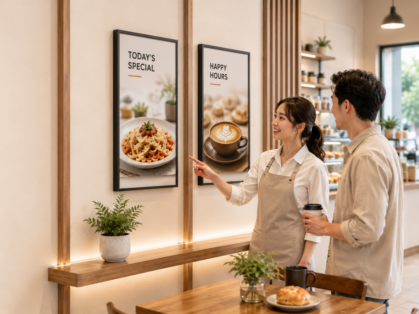 Pixora INKE e-paper menu board showing a café's daily specials and combo offers