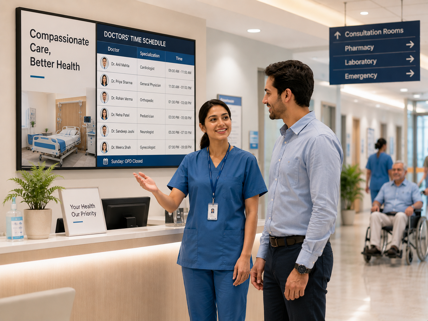 Pixora INKE e-paper hospital board showing doctor availability and department wayfinding