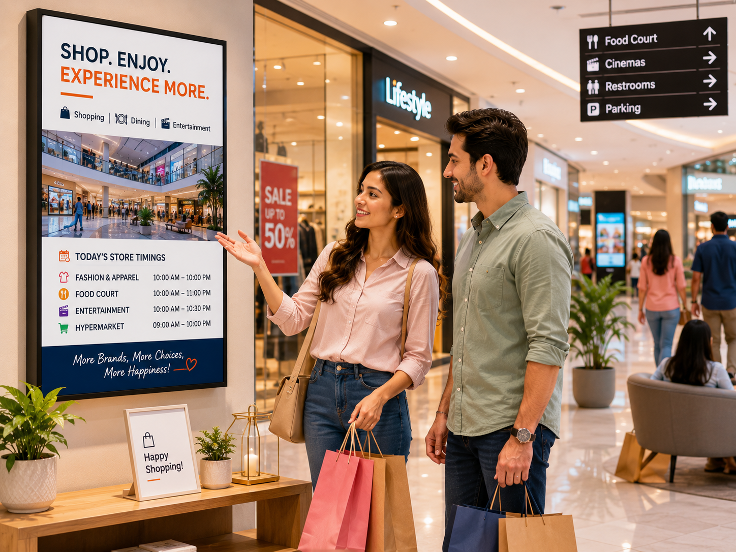 Pixora INKE e-paper mall display showing tenant promotions, an event countdown and a floor directory